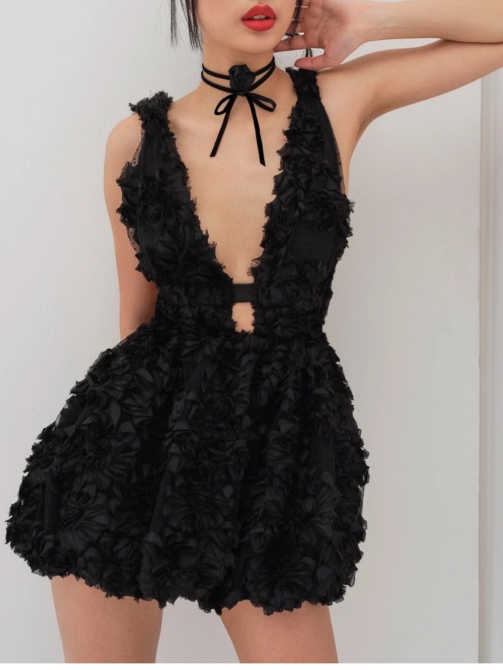 NWT For Love and Lemons Astrid Mini Dress Bubble Hem Floral Textured Black